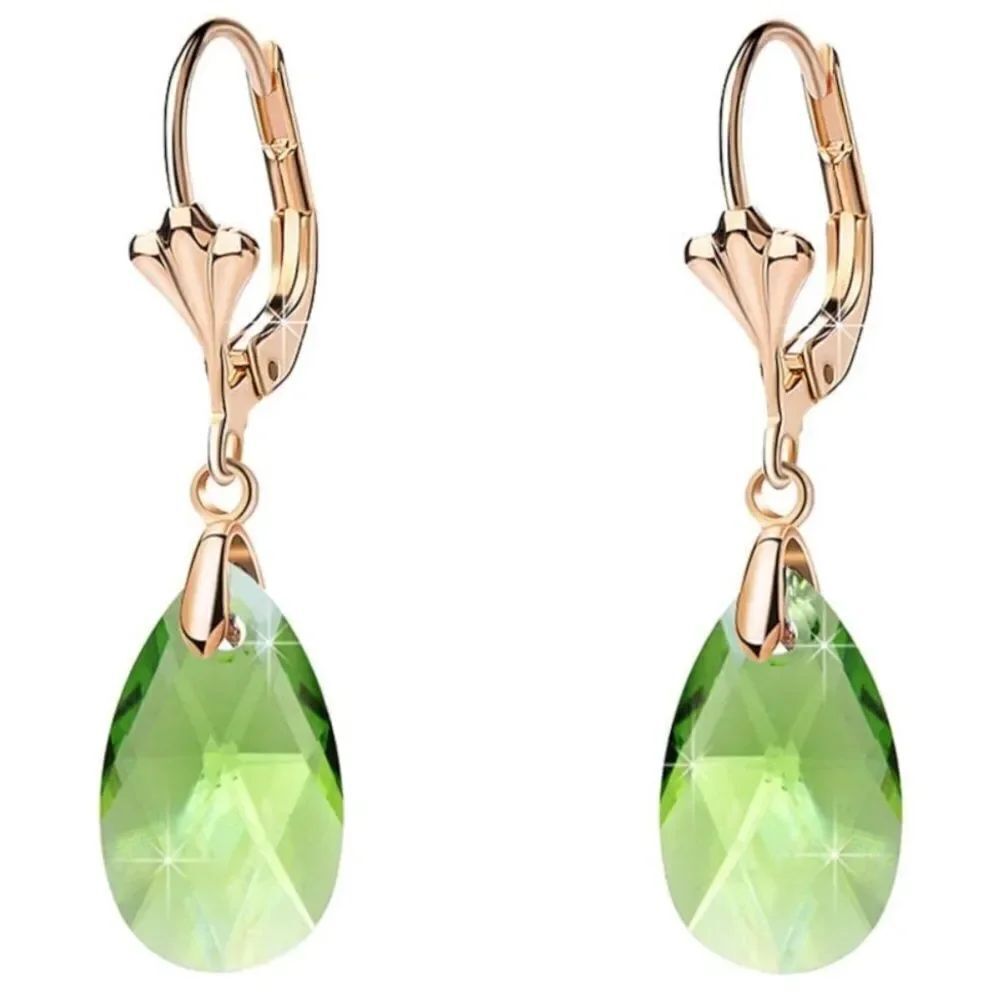 14K Yellow Gold with Peridot Green Austrian Crystal Teardrop Leverback Earrings